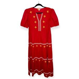 Briton Court 100% cotton Red Embroidered maxi Dress yellow details size small